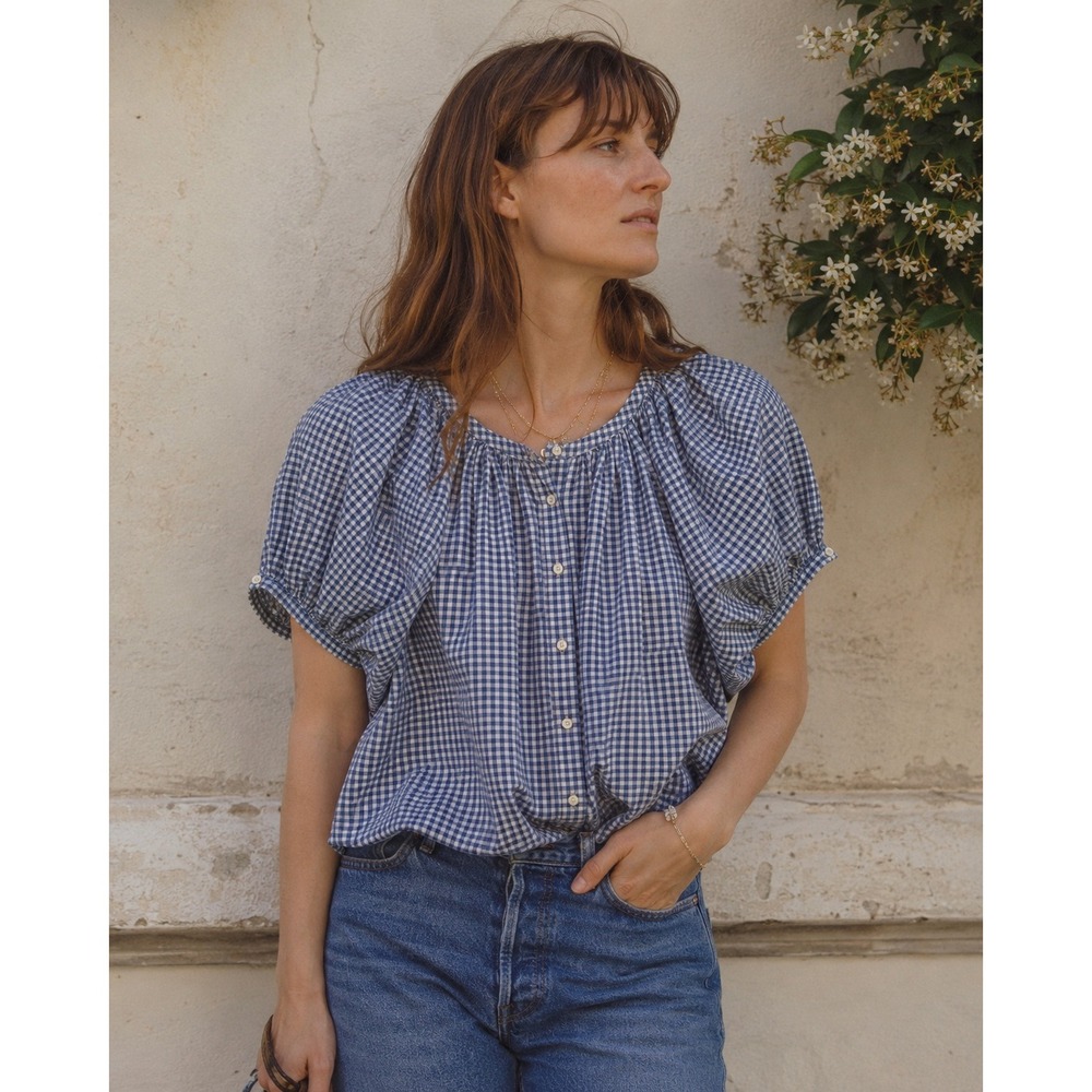 DOEN Jane Top Blue Gingham Organic Cotton Button Front Puff Sleeve Blouse Large